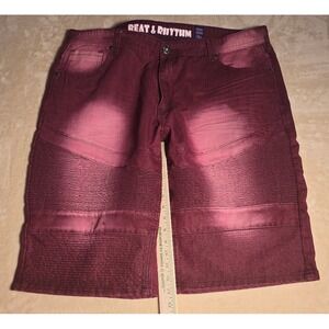 Beat & Rhythm Mens Burgundy Moto Denim Shorts Size 44 Red Faded Premium Cotton